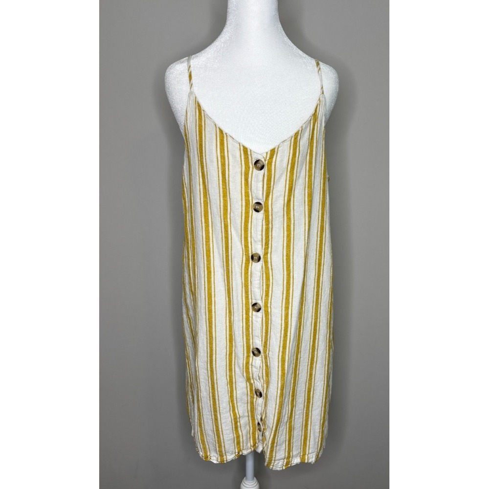 Altar'd State‎ Linen Blend Yellow Stripped Sundress Button Front Strappy Medium